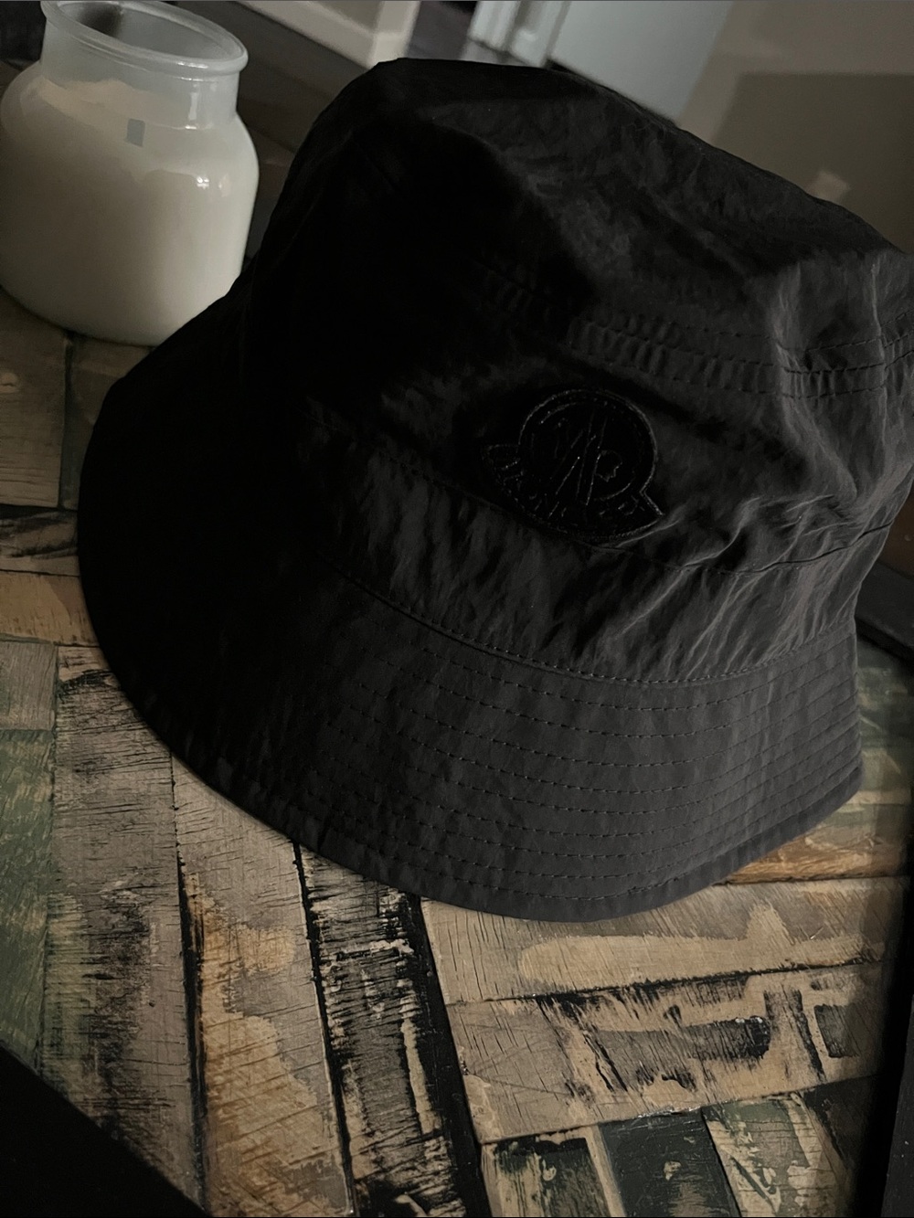 Black Moncler Bucket Hat with Embossed Logo